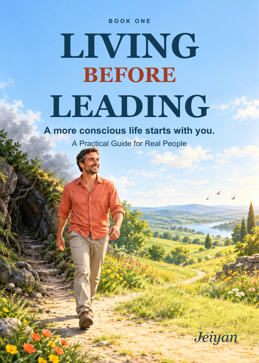 Living Before Leading, Book One by Jeiyan. The cover shows a man walking along a sunlit countryside path.